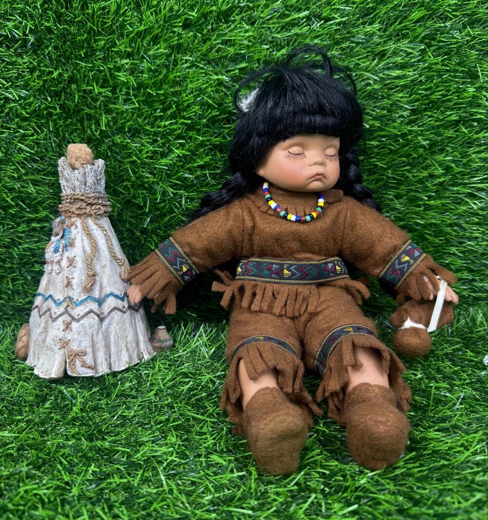 Native American Inspired Sleeping Girl Doll Brown Fringe Outfit Teepee Decor Set